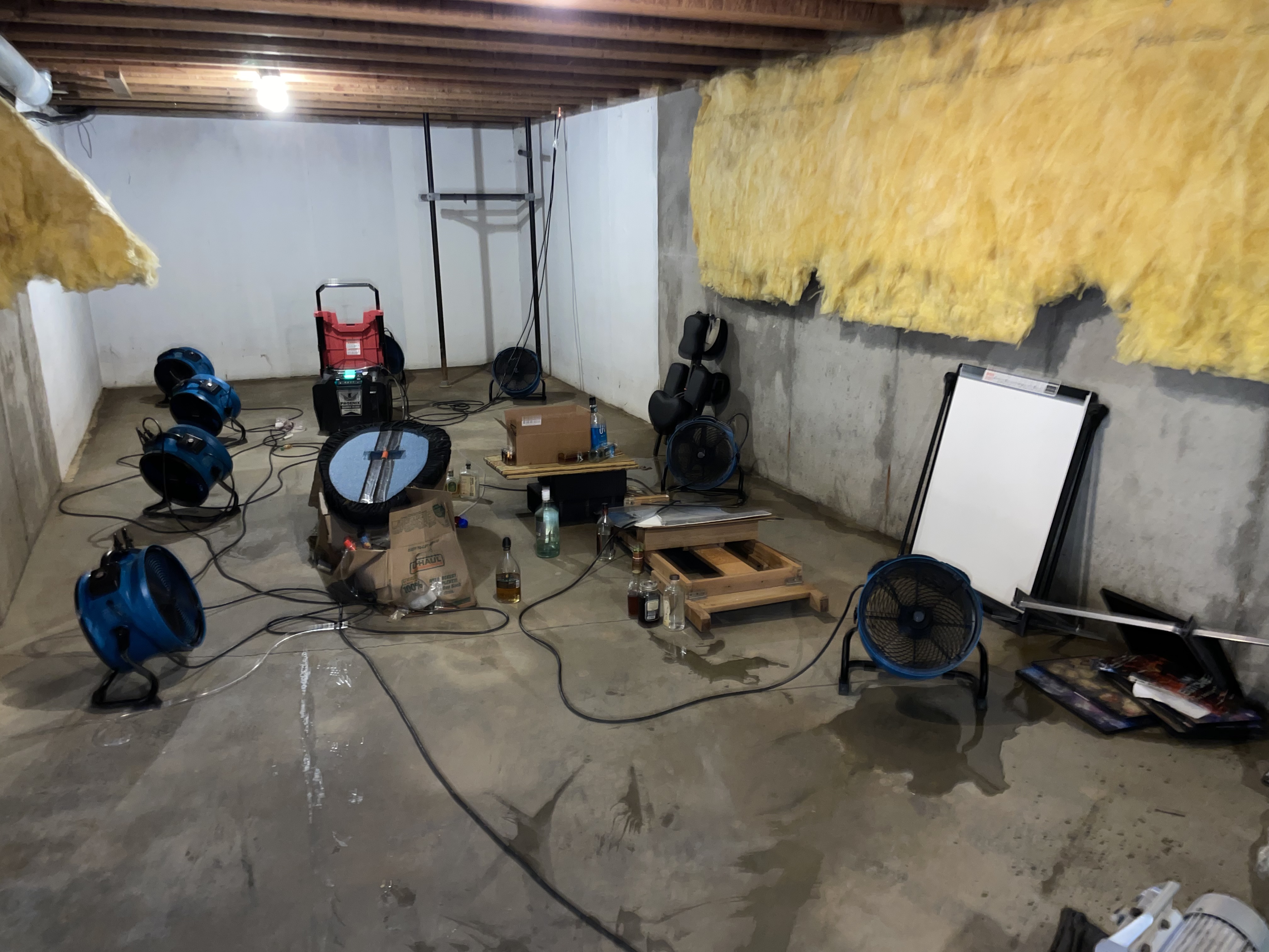 Basement drying with multiple air movers after water damage